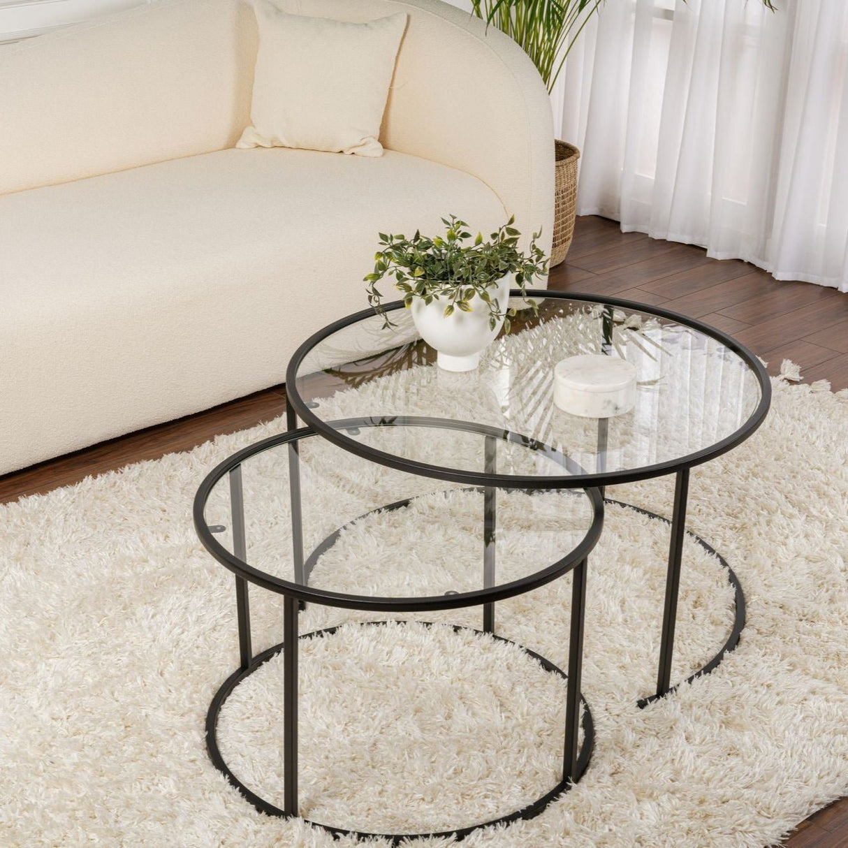 Moderne Runde Couchtisch-Set aus 2 Uru Schwarz - Transparentes Glas - 80/60 cm 