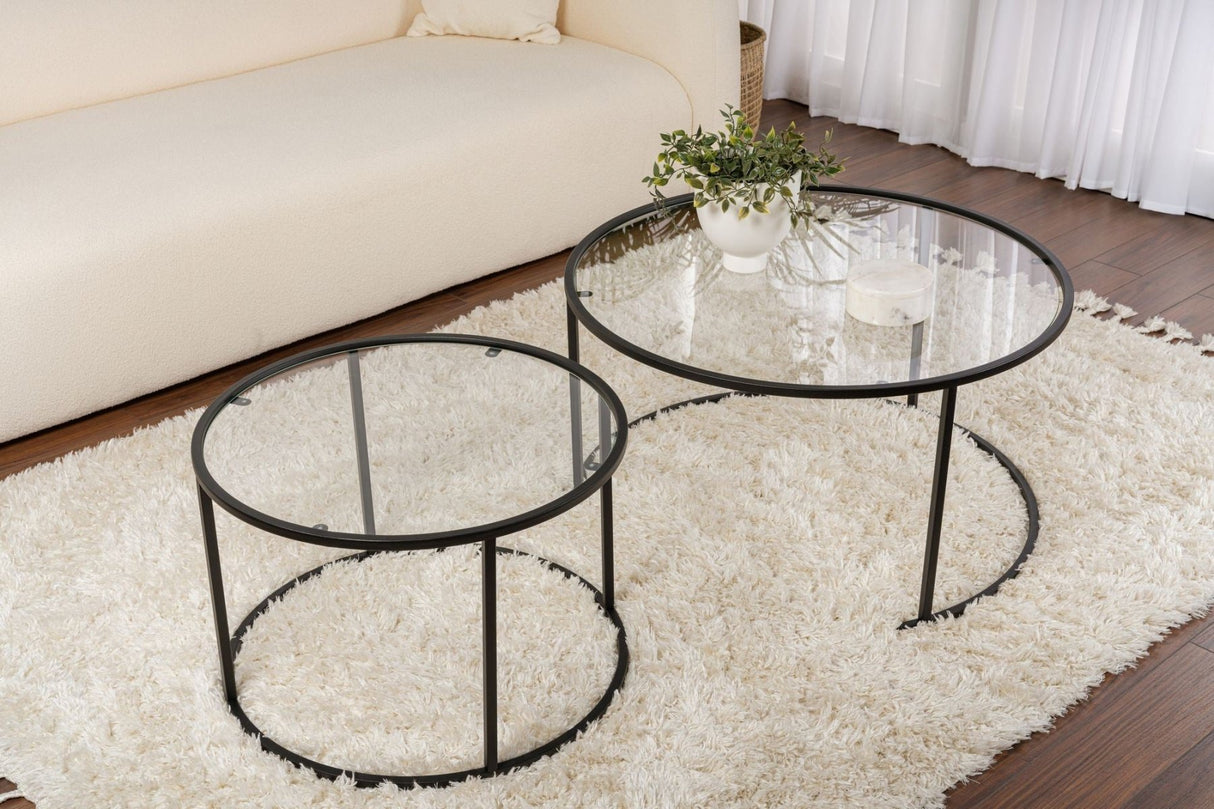 Moderne Runde Couchtisch-Set aus 2 Uru Schwarz - Transparentes Glas - 80/60 cm 