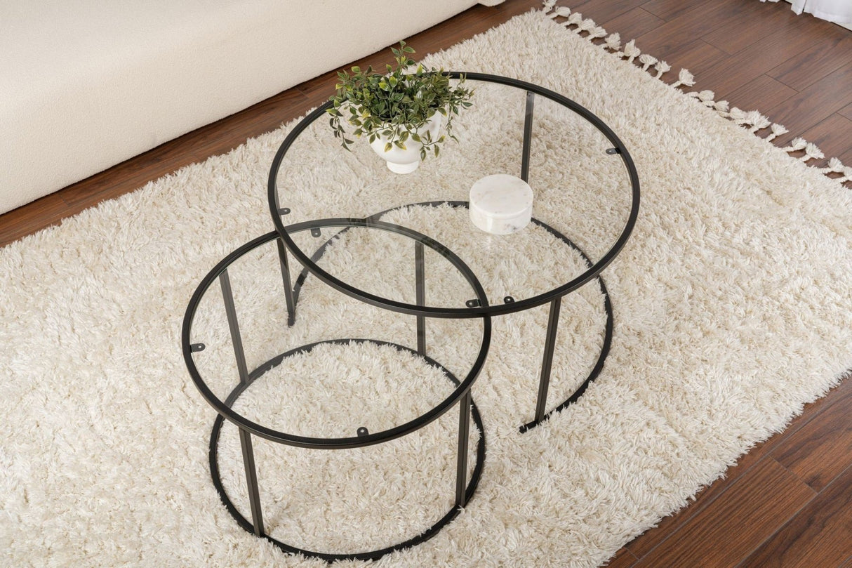 Moderne Runde Couchtisch-Set aus 2 Uru Schwarz - Transparentes Glas - 80/60 cm 