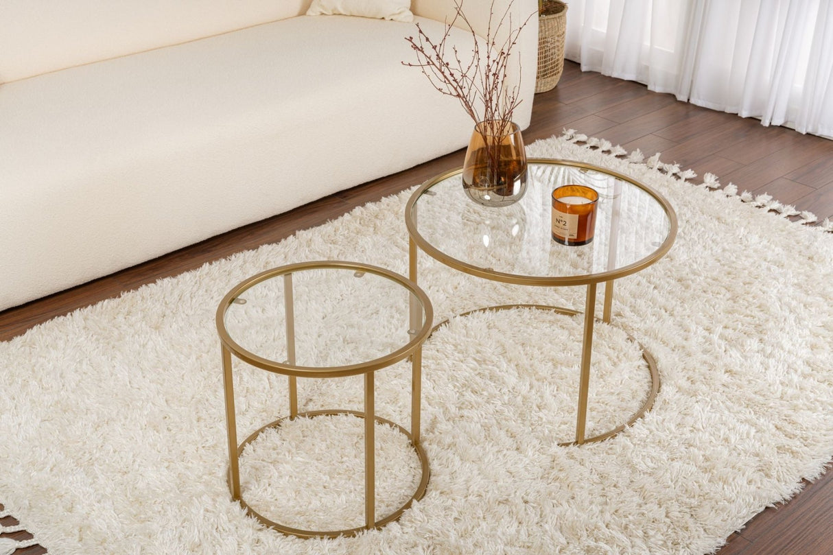 Moderne Runde Couchtisch-Set aus 2 Uru Gold - Transparentes Glas - 60/42 cm 