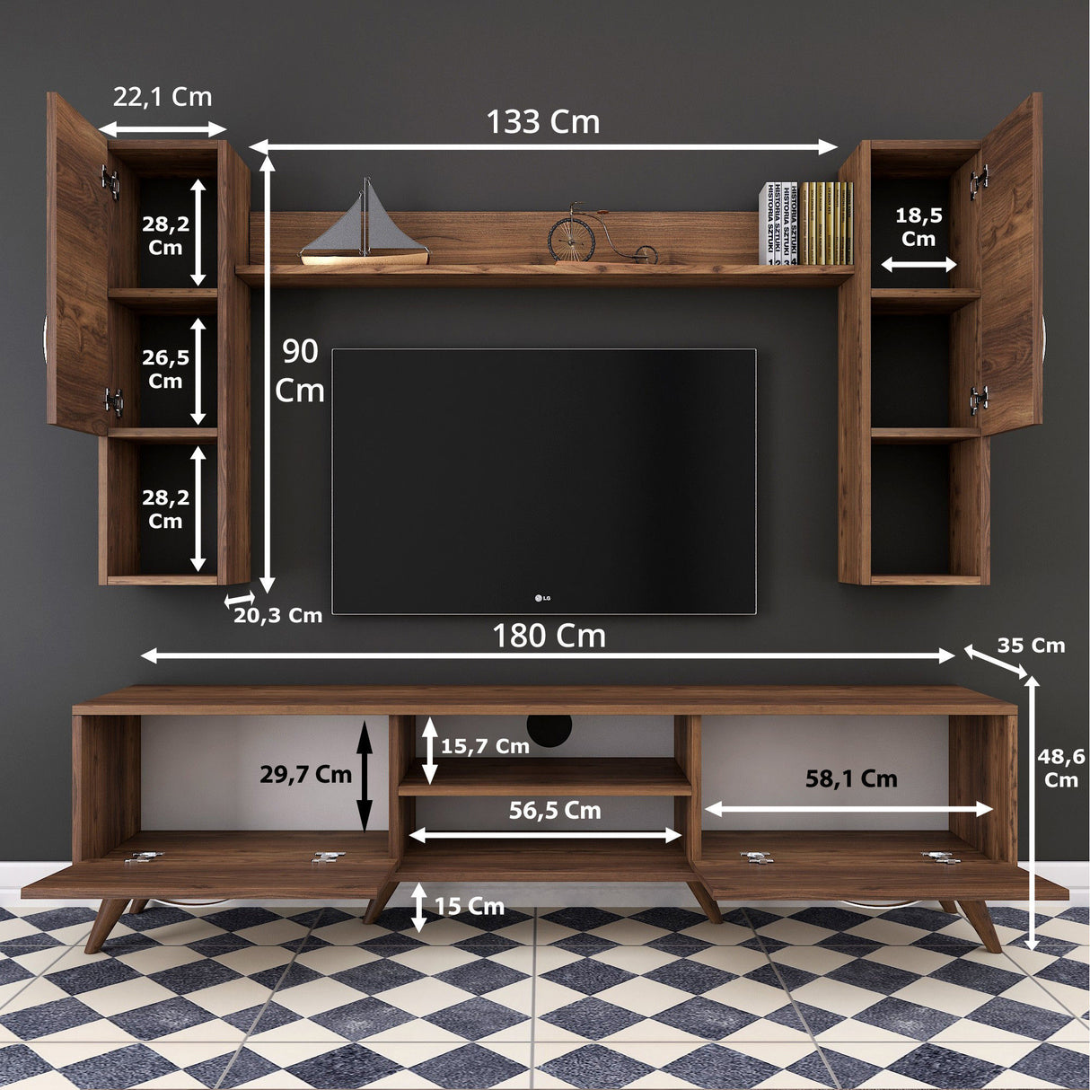 TV -Möbel Set Alta Walnut Melamin 180x48.6x35 cm