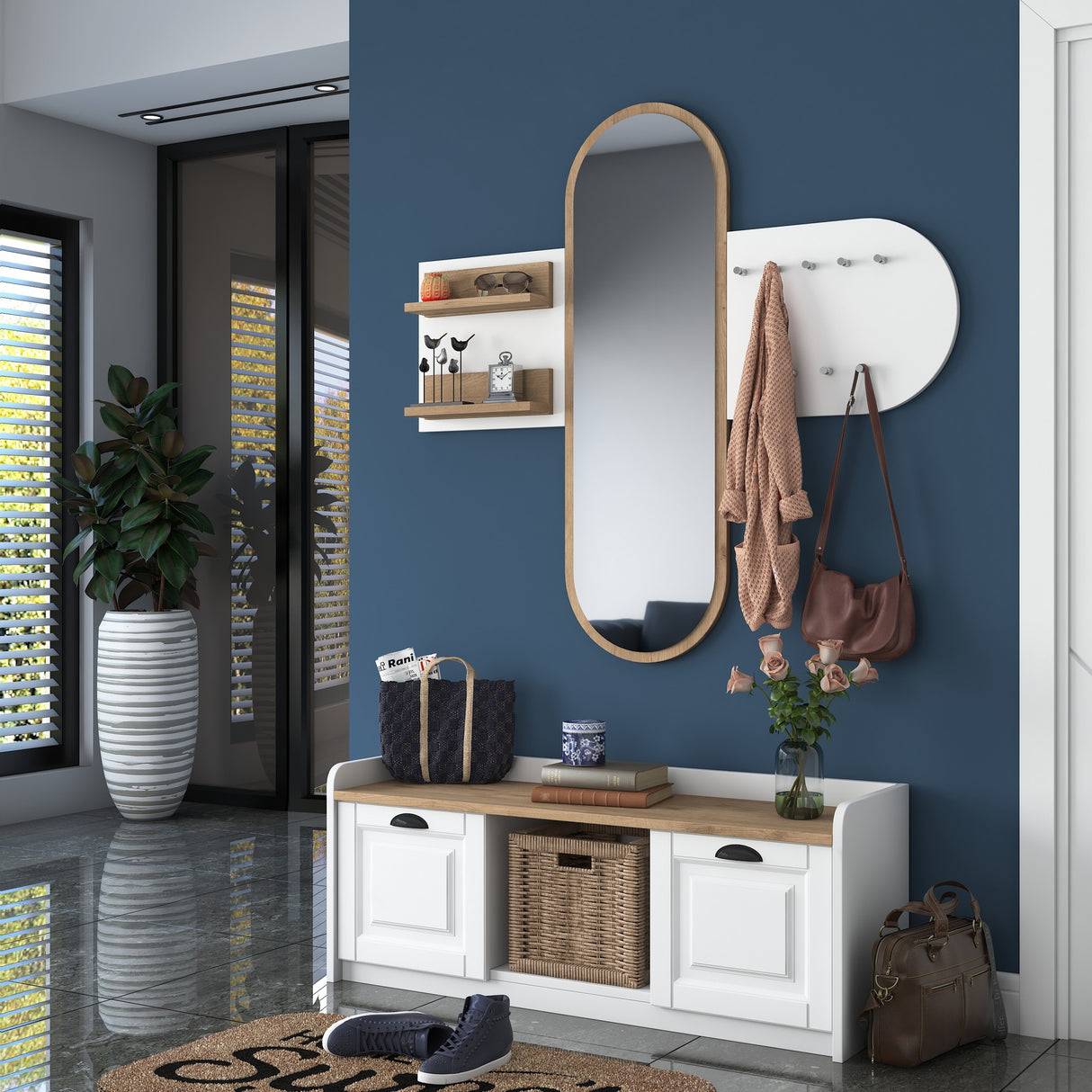 Möbelset Garderobe - Spiegel - Schuhschrank - Weiß-Walnuss Melamin 