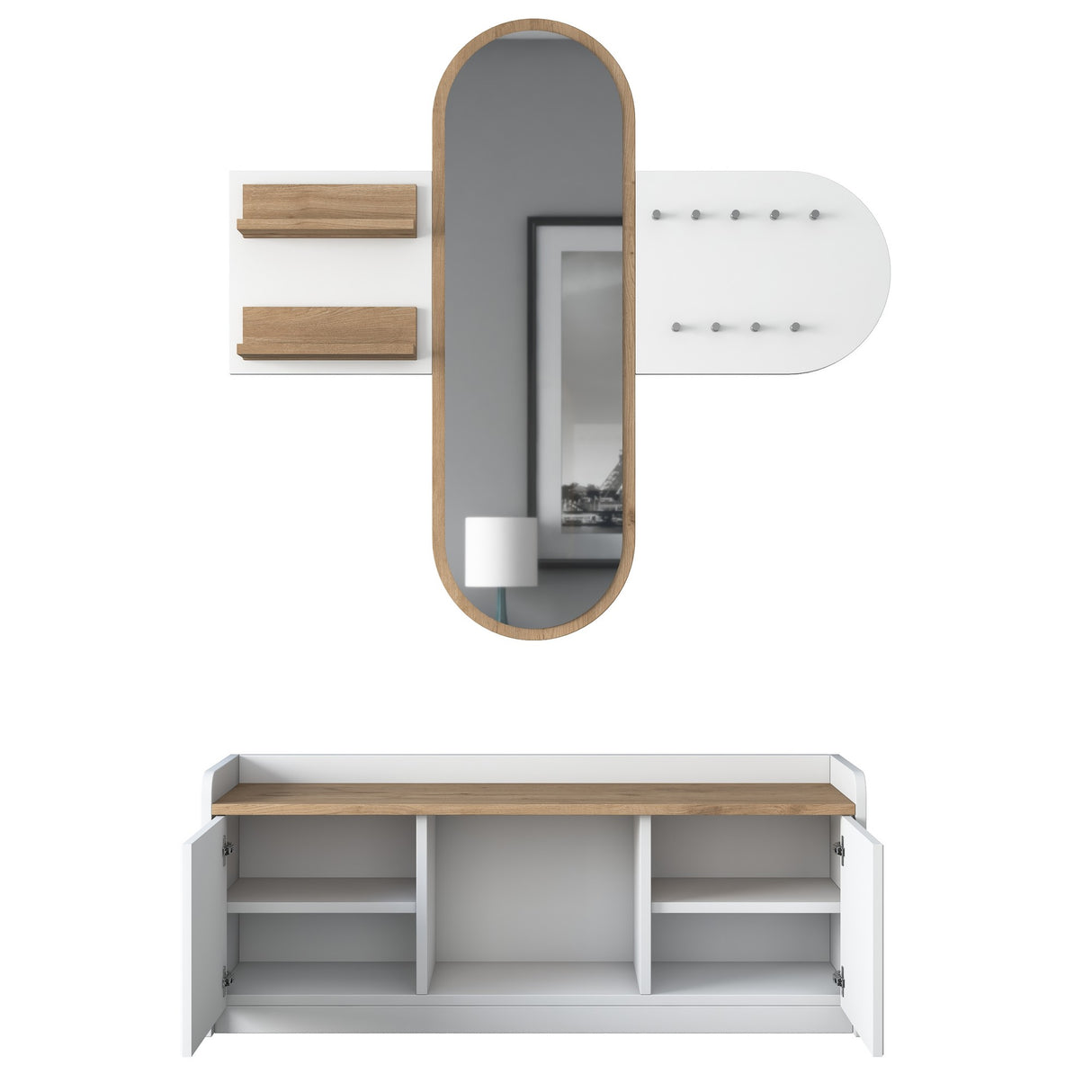 Möbelset Garderobe - Spiegel - Schuhschrank - Weiß-Walnuss Melamin 