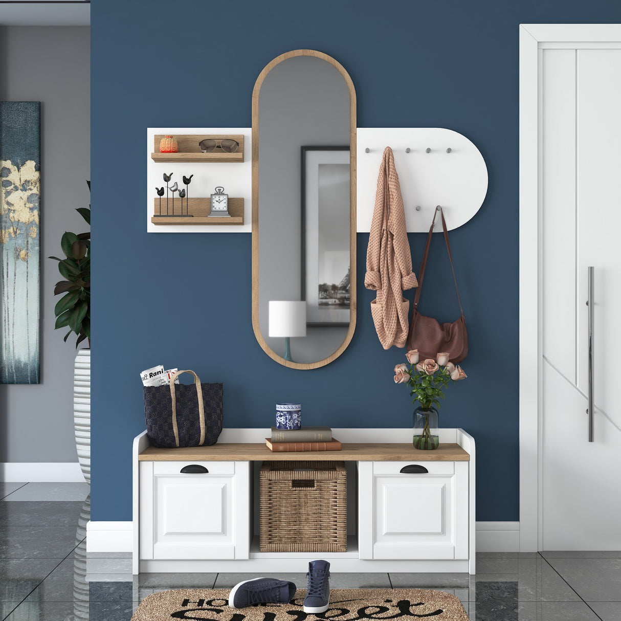 Möbelset Garderobe - Spiegel - Schuhschrank - Weiß-Walnuss Melamin 