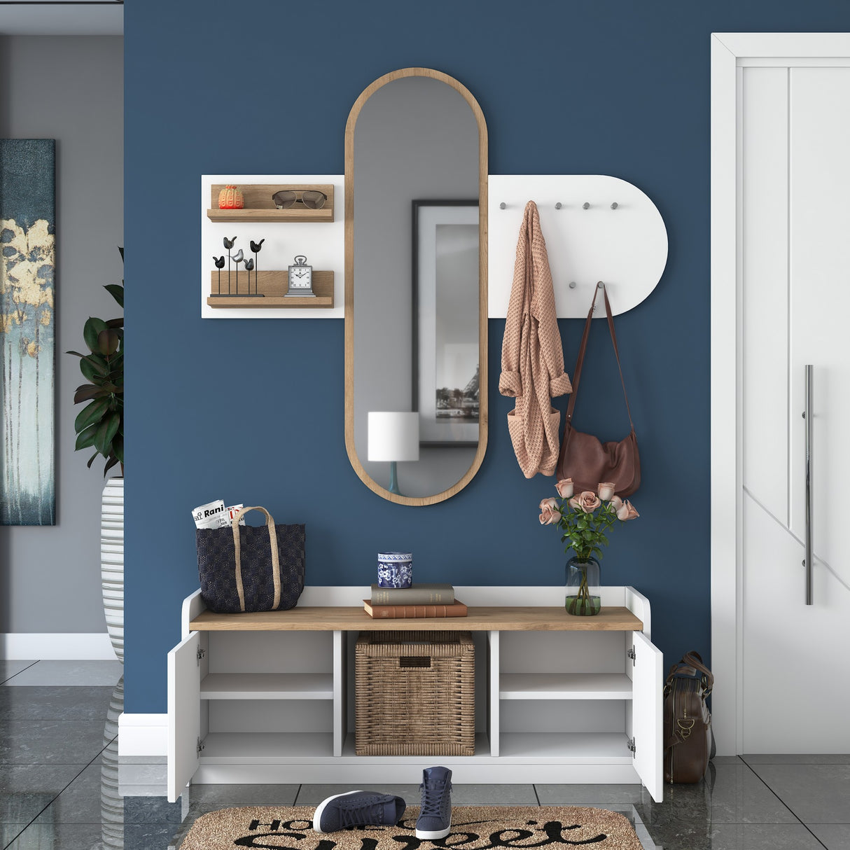 Möbelset Garderobe - Spiegel - Schuhschrank - Weiß-Walnuss Melamin 