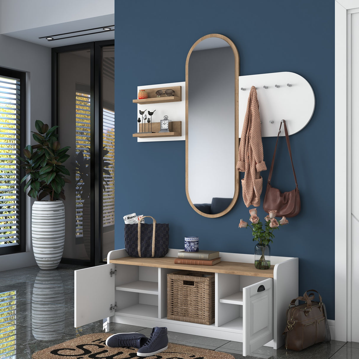 Möbelset Garderobe - Spiegel - Schuhschrank - Weiß-Walnuss Melamin 