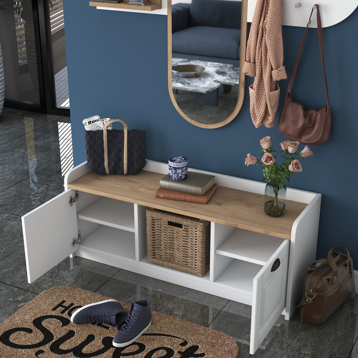 Möbelset Garderobe - Spiegel - Schuhschrank - Weiß-Walnuss Melamin 