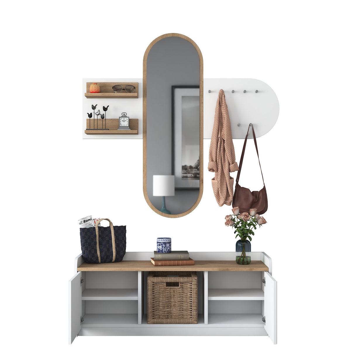 Möbelset Garderobe - Spiegel - Schuhschrank - Weiß-Walnuss Melamin 