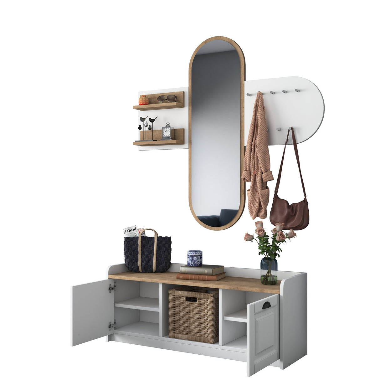 Möbelset Garderobe - Spiegel - Schuhschrank - Weiß-Walnuss Melamin 