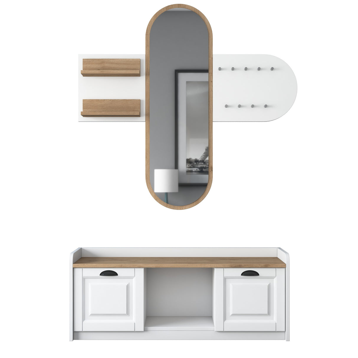 Möbelset Garderobe - Spiegel - Schuhschrank - Weiß-Walnuss Melamin 