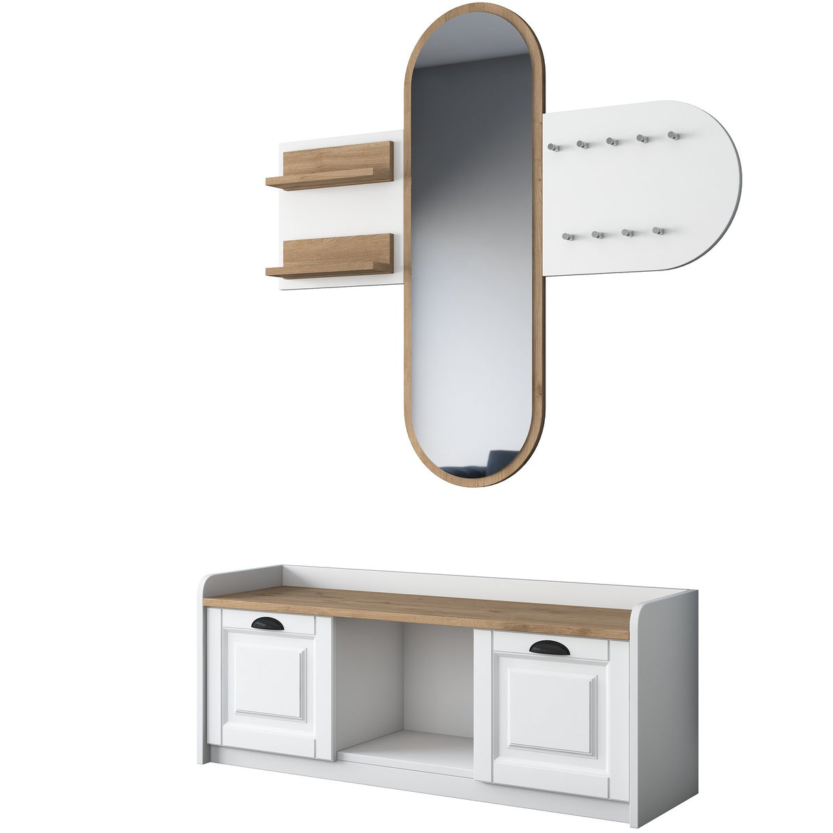 Möbelset Garderobe - Spiegel - Schuhschrank - Weiß-Walnuss Melamin 