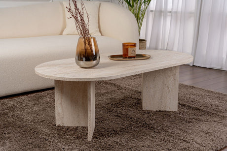 Ovaler Couchtisch aus Travertin und Melamin – Japandi – 119 x 60 cm – Sota