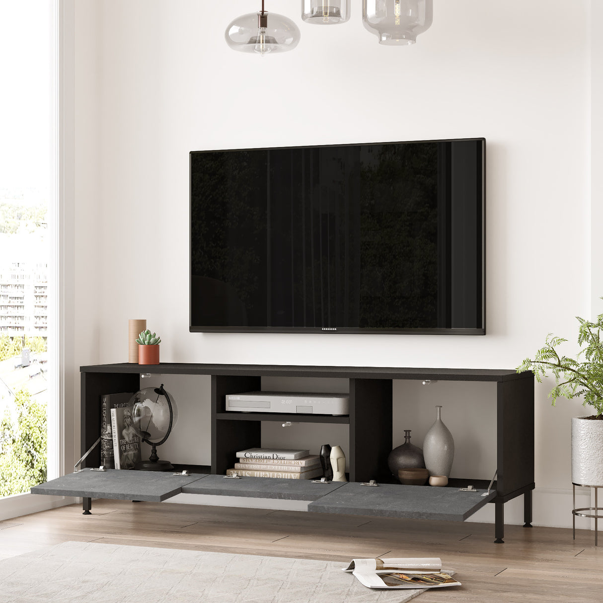 TV -Möbel Modena Silber Black Melamin 140x46.4x35,5 cm