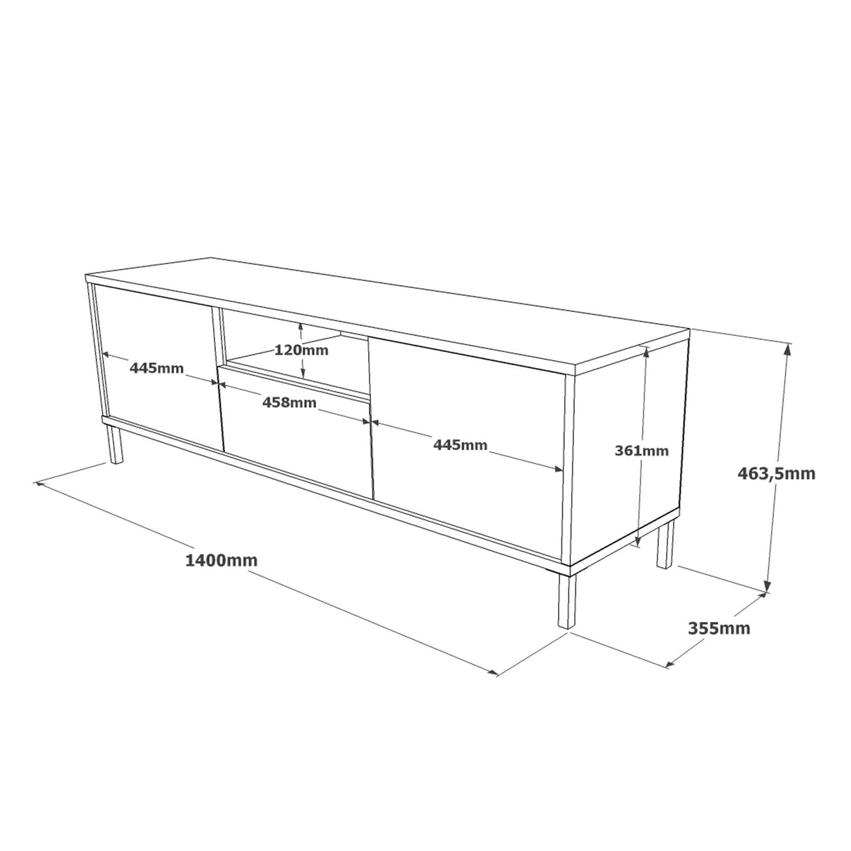 TV -Möbel Modena Silber Black Melamin 140x46.4x35,5 cm