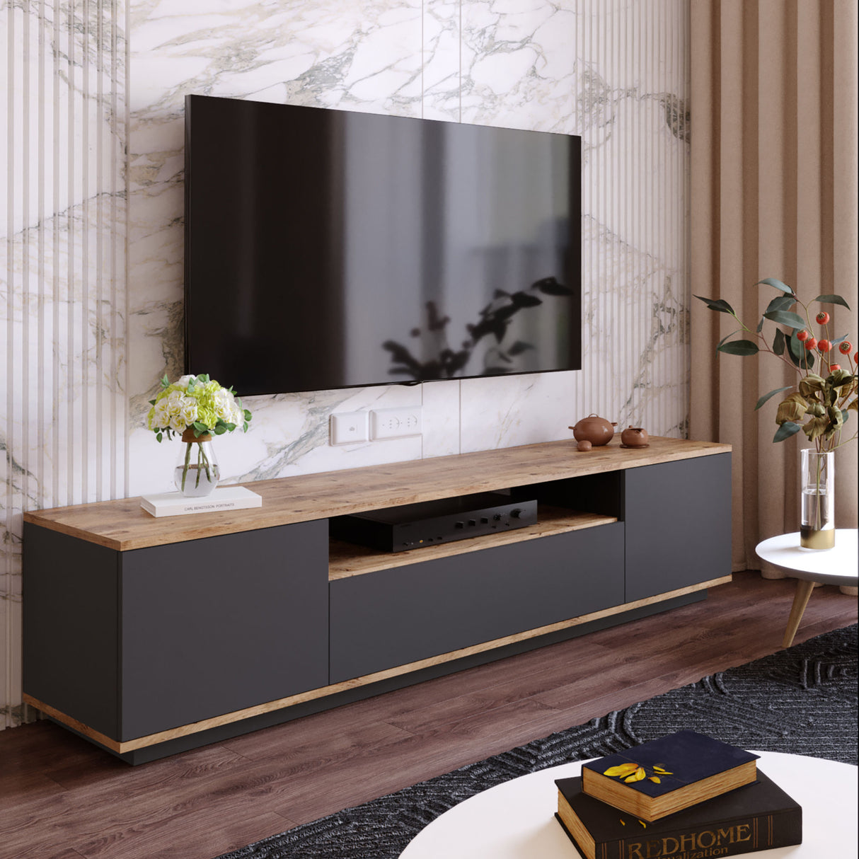 TV -Möbel Vesper Atlantic Pine Holz Anthrazit Melamin 180x44.6x44.5 cm