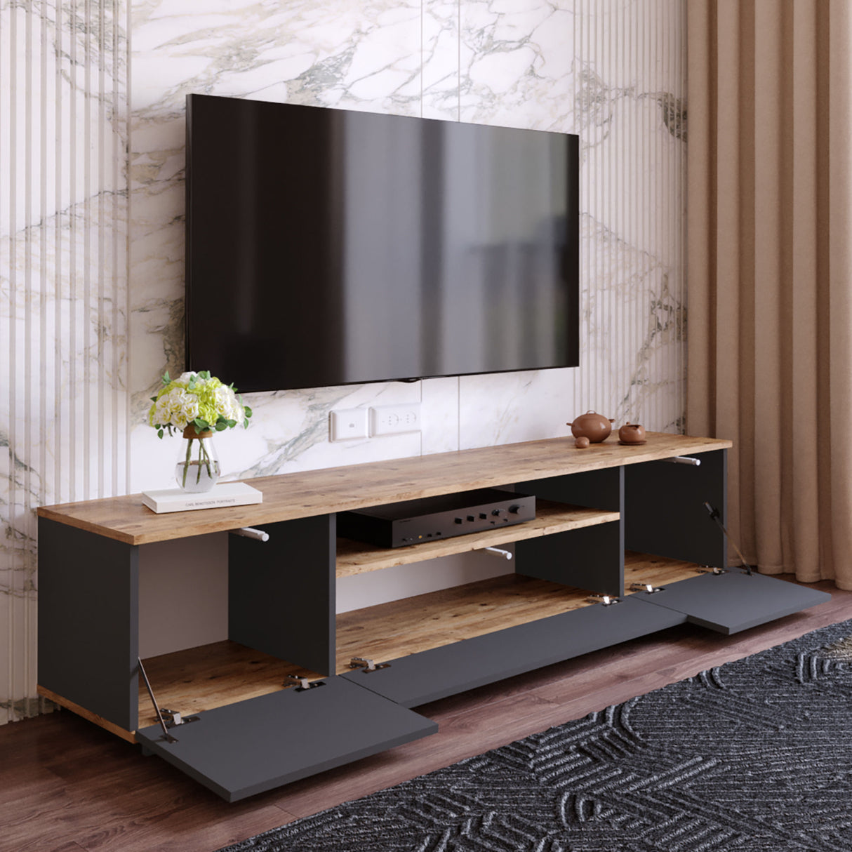 TV -Möbel Vesper Atlantic Pine Holz Anthrazit Melamin 180x44.6x44.5 cm