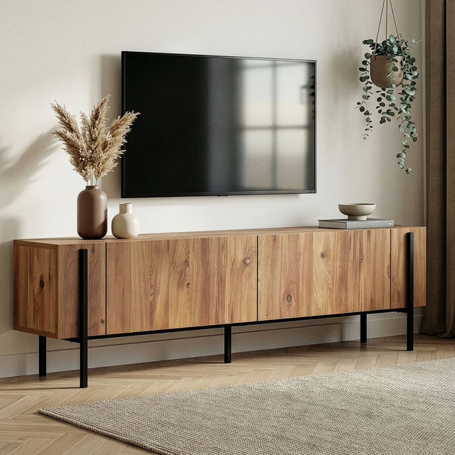 Nexus TV-Schrank in Eichenoptik mit schwarzer 180 cm großer Atlantic Pine-Eichenoptik und schwarzem melaminbeschichtetem Holzverbundstoff