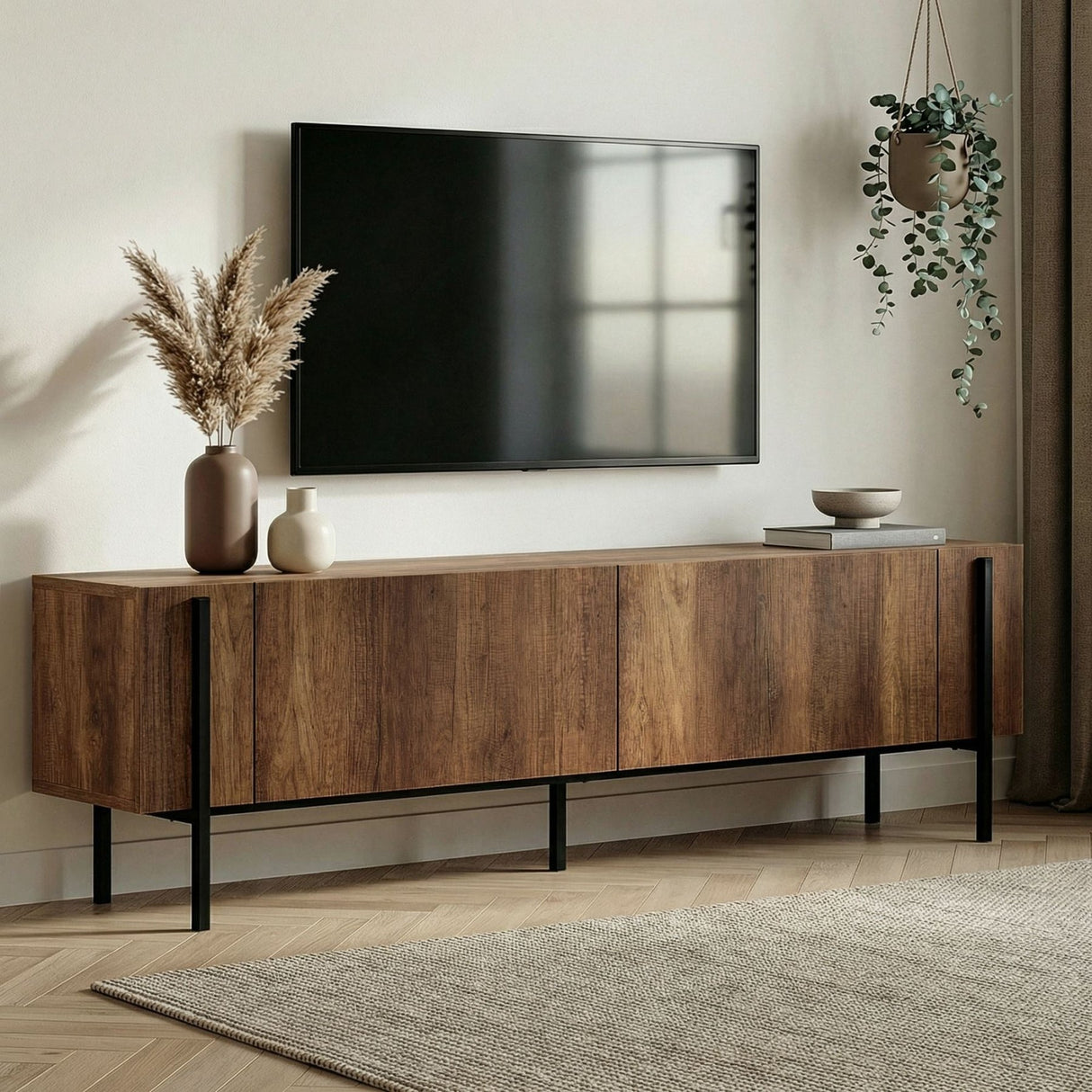 Nexus TV-Schrank Walnussoptik schwarz 180 cm Barocke Walnussoptik und schwarzer Melamin-Holzverbundstoff