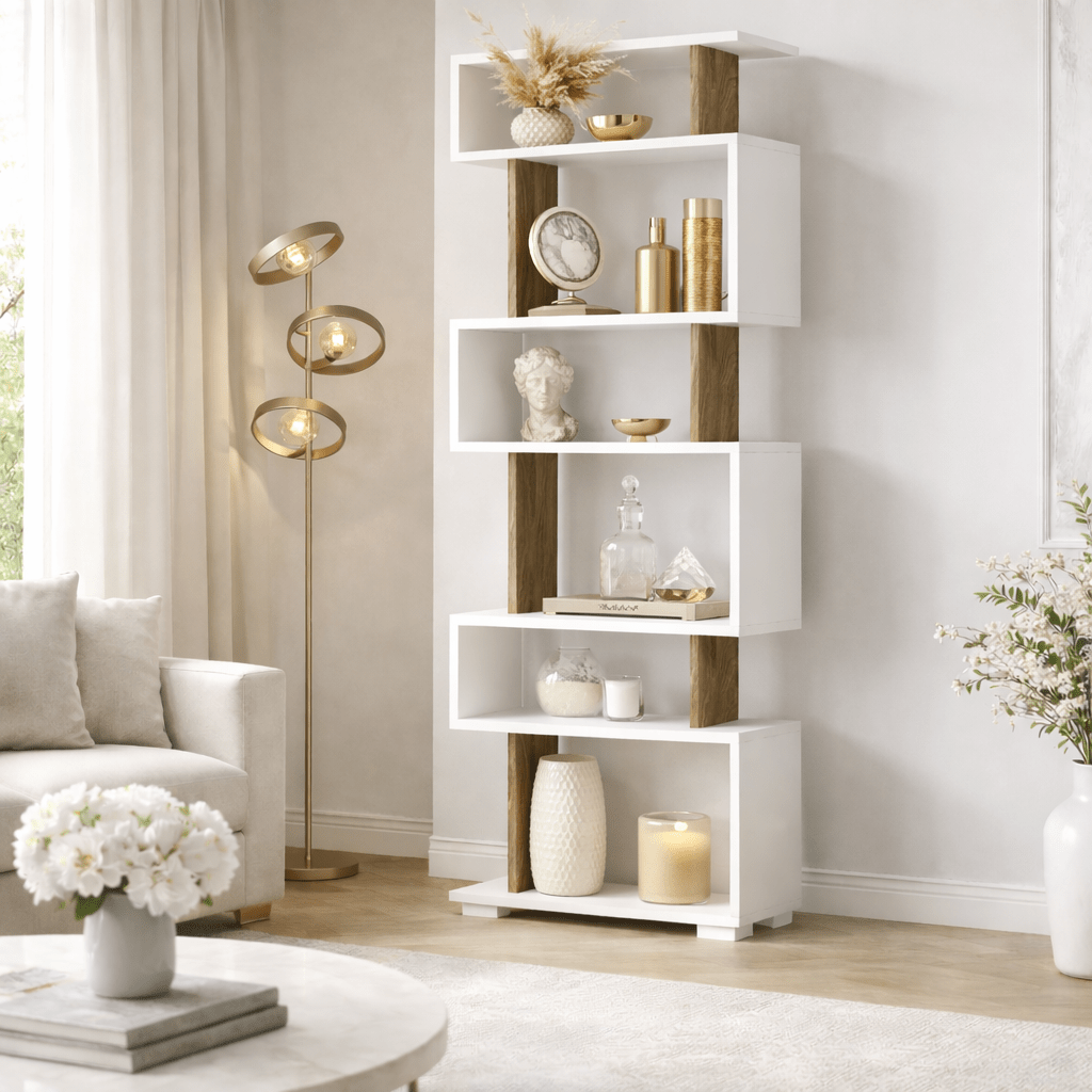 Design-Regal weiß mit Walnuss-Melaminblock 60x165x19,5 cm – Dimehouse