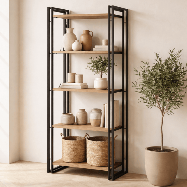 Industrielles Bücherregal aus Kiefernholz, Melamin und schwarzem Metal – Dimehouse