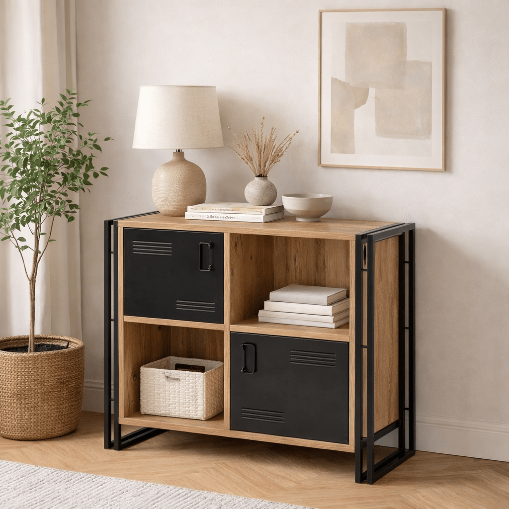 Industriell Sideboard Kiefernholz Melamin Schwarz Metall Cosmo 89x89x3 – Dimehouse
