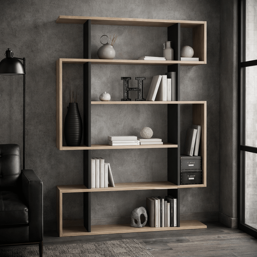 Boekenkasten - Boekenkast Mito Sonoma Eik Antraciet Melamine 110x161x25,5 cm - Dimehouse