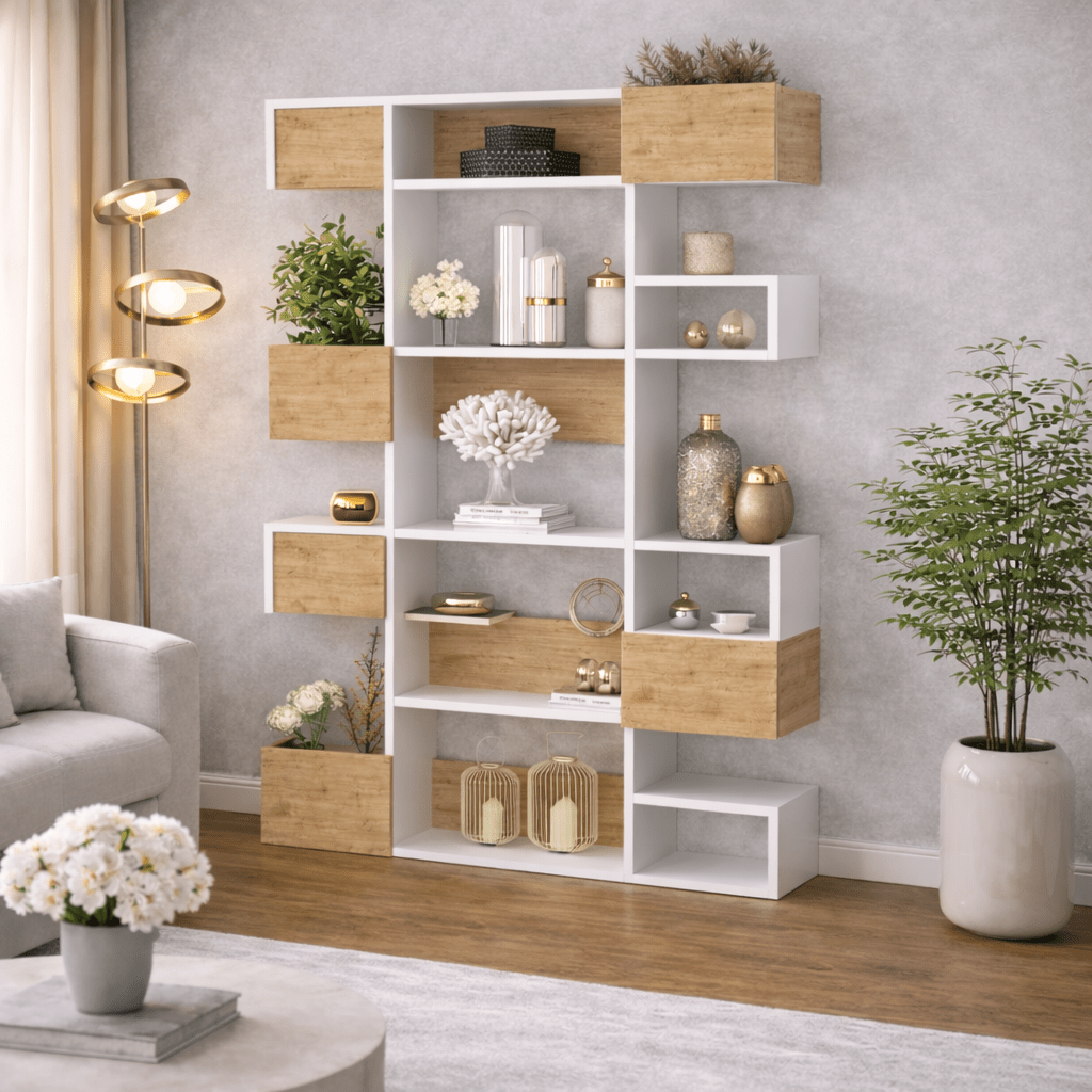 Modernes Bücherregal mit asymmetrischen Fächern, weiße Eiche, Melamin – Dimehouse