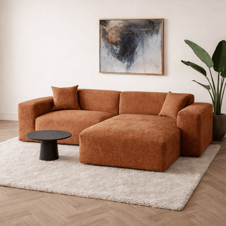 Ecksofa Wayne aus Chenille in Kupfer, 264 cm – Ecke links und rechts montierbar