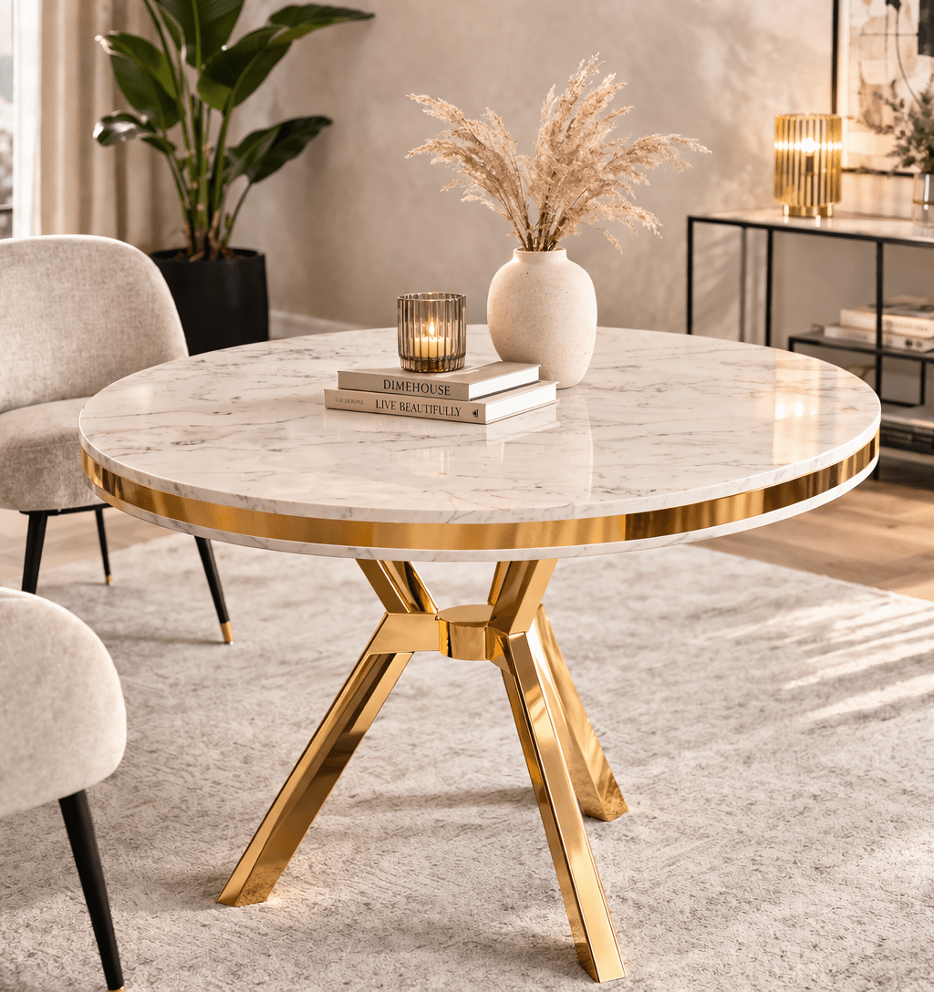 Esstisch weißer runder Marmor-Look mit Gold – 90 cm Durchmesser – Moos