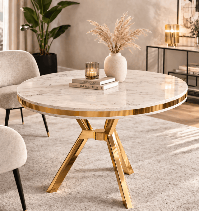 Esstisch weißer runder Marmor-Look mit Gold – 90 cm Durchmesser – Moos