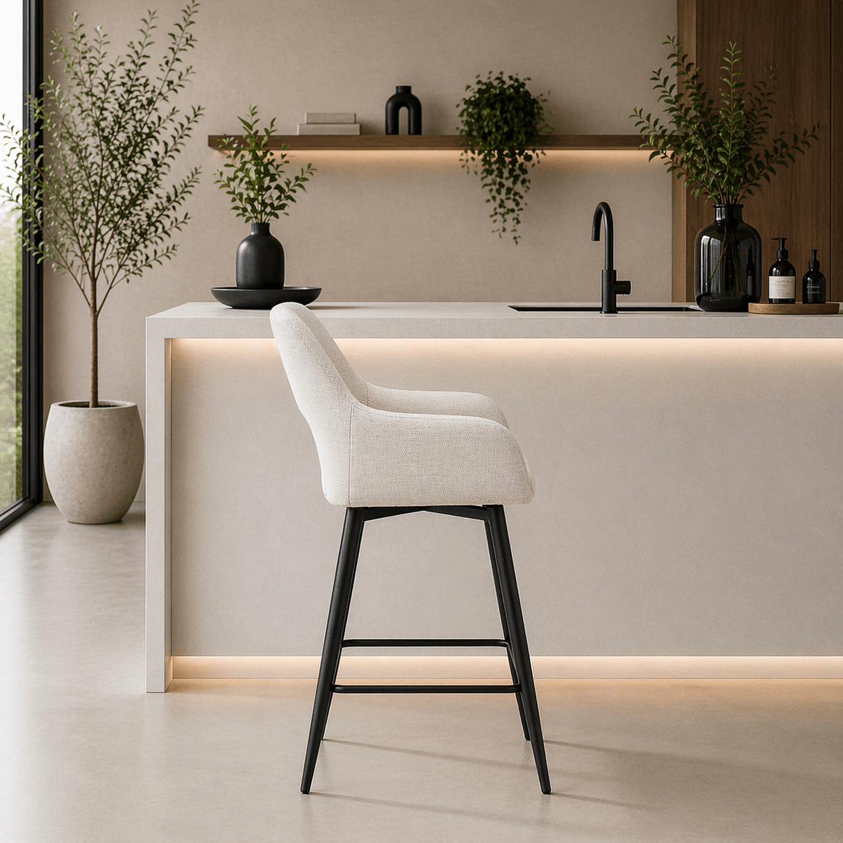 Drehbar Barhocker Skye aus beigem Stoff – Sitzhöhe 67 cm – mit Armlehnen