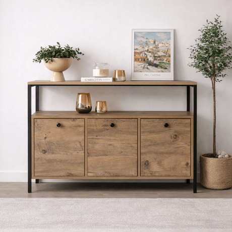 Sideboard Atlantische Kiefer Saloce - Schwarzer Rahmen - Drei Fächer - 120x77 cm 