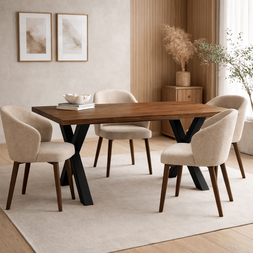 Esstisch aus massiver Eiche mit Walnuss-Finish – 140 x 80 – schwarzes X-Bein – Kumo