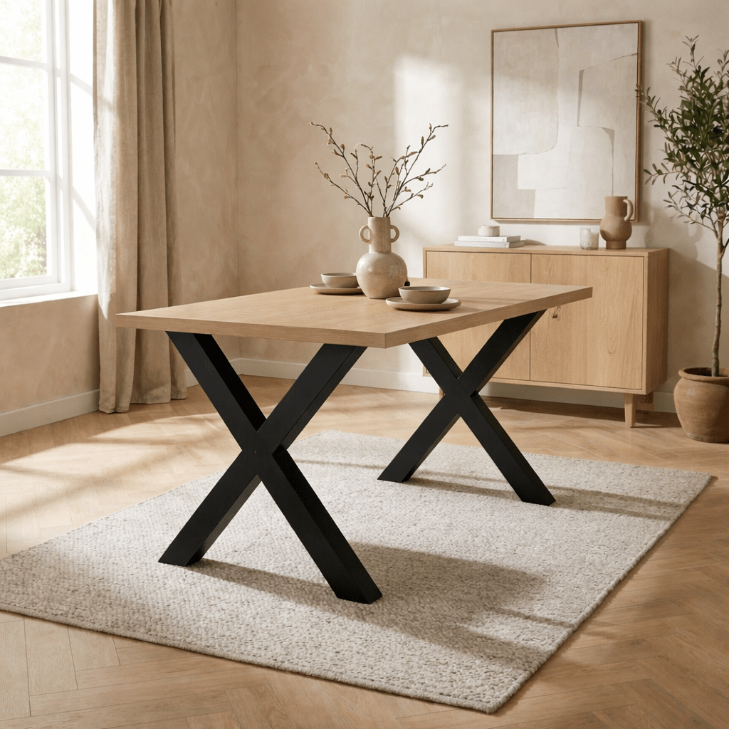 Esstisch Lenzo Rustikale Eiche – Schwarzes X-Bein