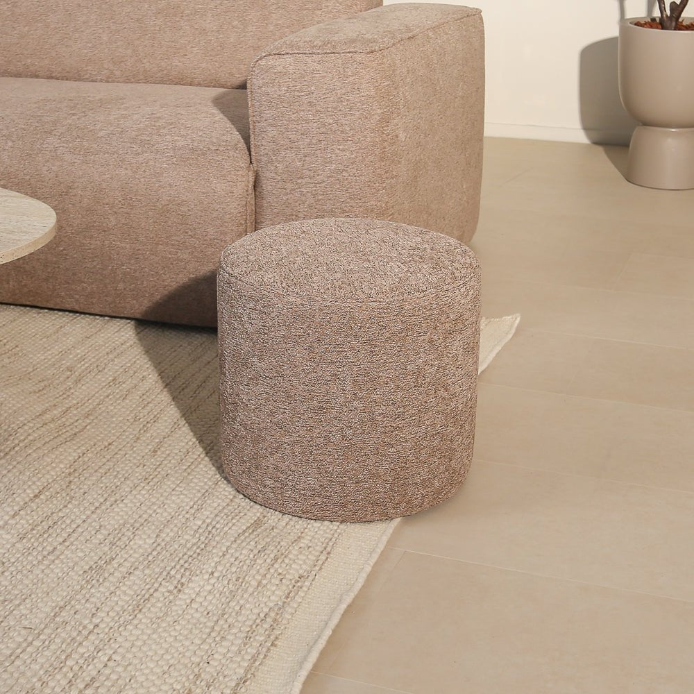 Poefs-Ronde poef taupe chenille bouclé - 40x40x35 cm - Veya-Dimehouse