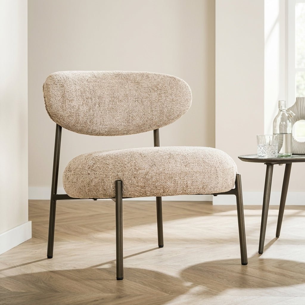 Sessel Runde Form Sessel Nova Rund sandfarbener Stoff bequemer Sitz – Dimehouse