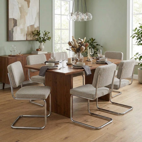 Eetkamerstoelen-Moderne Eetkamerstoel Zandkleur Bouclé Stof Sway - Chrome Frame - Zonder Armleuningen-Dimehouse