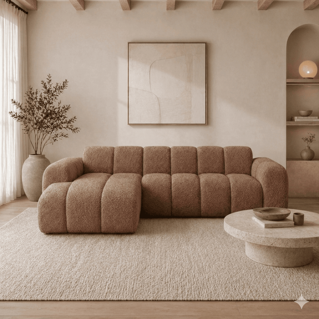 Ecksofa mit Lounge-Stoff aus weichem braunem Bouclé – Streifen – rechts – Brix