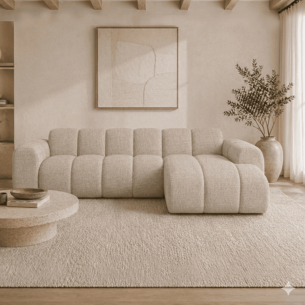 Ecksofa mit Lounge-Beige-Bouclé-Stoff – Streifen – links – Brix