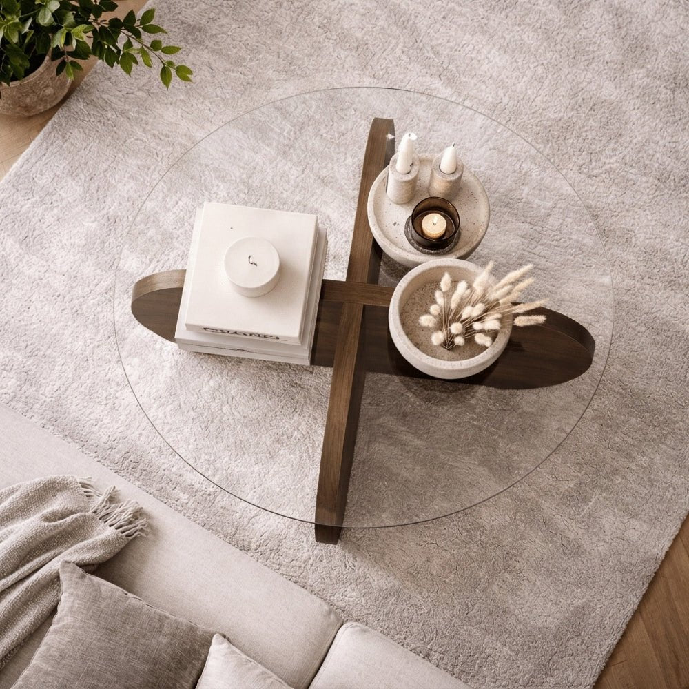 Couchtische-Runder Couchtisch Aris Nussbaum Melamin und transparentes Glas 75 cm-Dimehouse