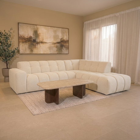 Banken-Hoekbank met lounge beige bouclé stof Nova - rechts-Dimehouse