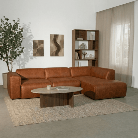 Banken-Hoekbank cognac ecoleer - 305x169 cm - Jaylen - rechts-Dimehouse