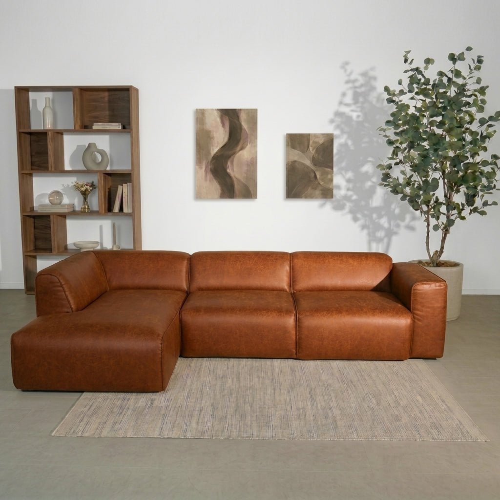 Banken-Hoekbank cognac ecoleer - 305x169 cm - Jaylen - links-Dimehouse