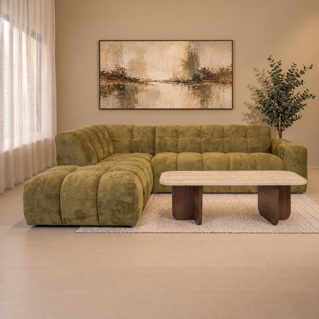 Banken-Hoekbank met lounge olijf groen bouclé stof Nova - links-Dimehouse