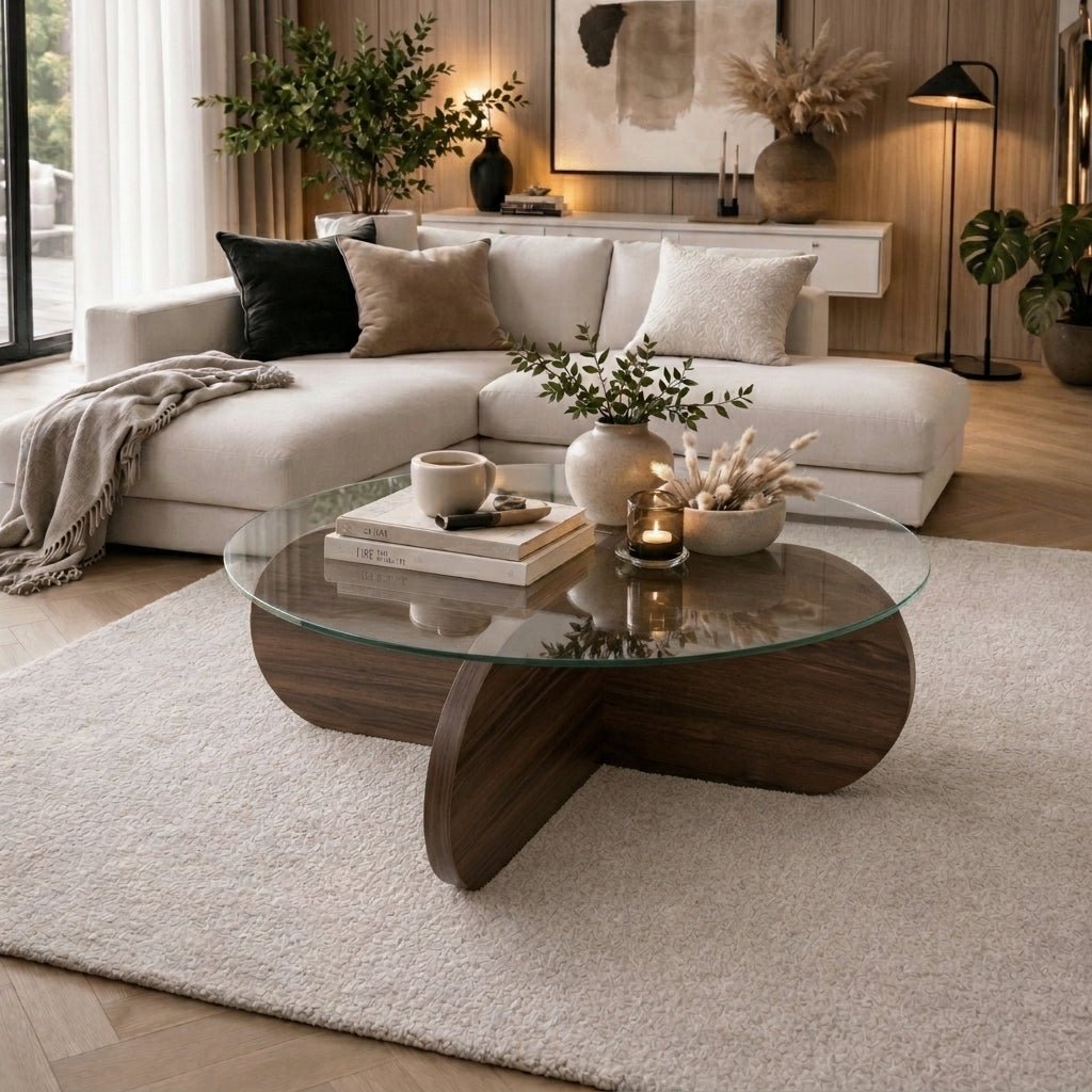 Couchtische-Runder Couchtisch Aris Nussbaum Melamin und transparentes Glas 75 cm-Dimehouse