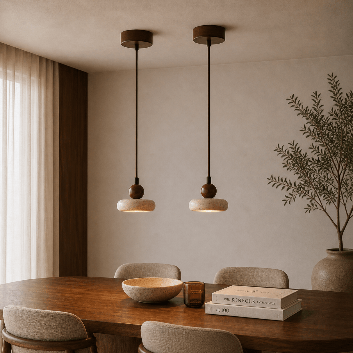 Hängelampe 1 Licht – Walnuss & Travertin – flach mit Glühbirne – Hakaro