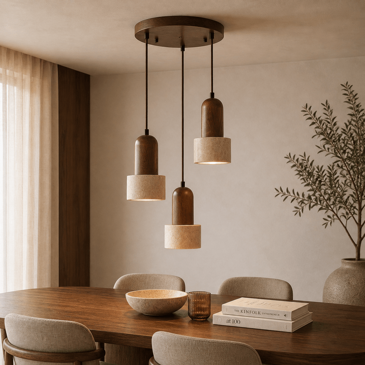 Hanglampen - Hanglamp 3 - lichts verschillende hoogtes – Walnoot & Travertin - Hikari - Dimehouse