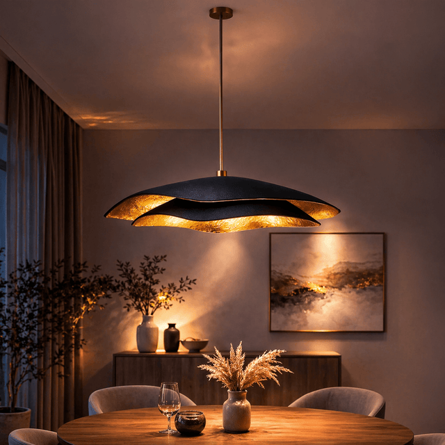 Hängelampe schwarz mit goldfarbener Carbonbetonhaube – 40 und 50 cm – – Dimehouse