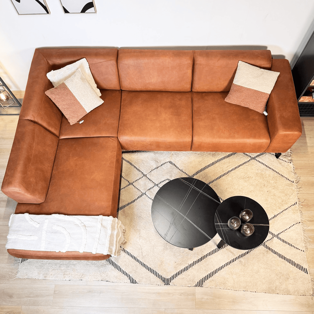 Ecksofa Barin Cognac robustes Eco-Leder links 