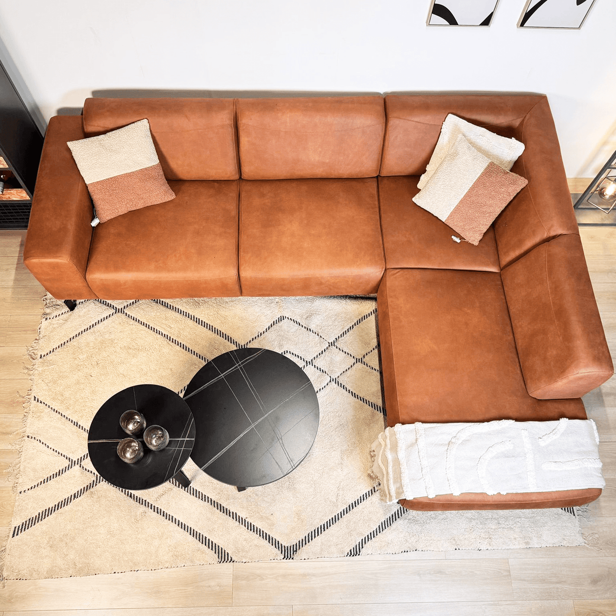 Ecksofa Barin Cognac robustes Eco-Leder rechts 